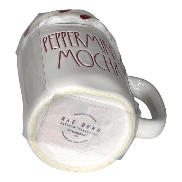 NEW Rae Dunn Ceramic Peppermint Mocha COFFEE MUG + TOPPER Cover Lid White & Red - Picture 4 of 5